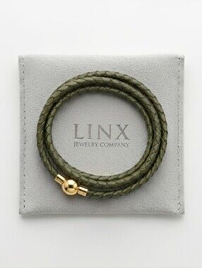 Linx Triple Wrap Army Green Leather Braided Cord Bracelet Gold Magnetic Clasp
